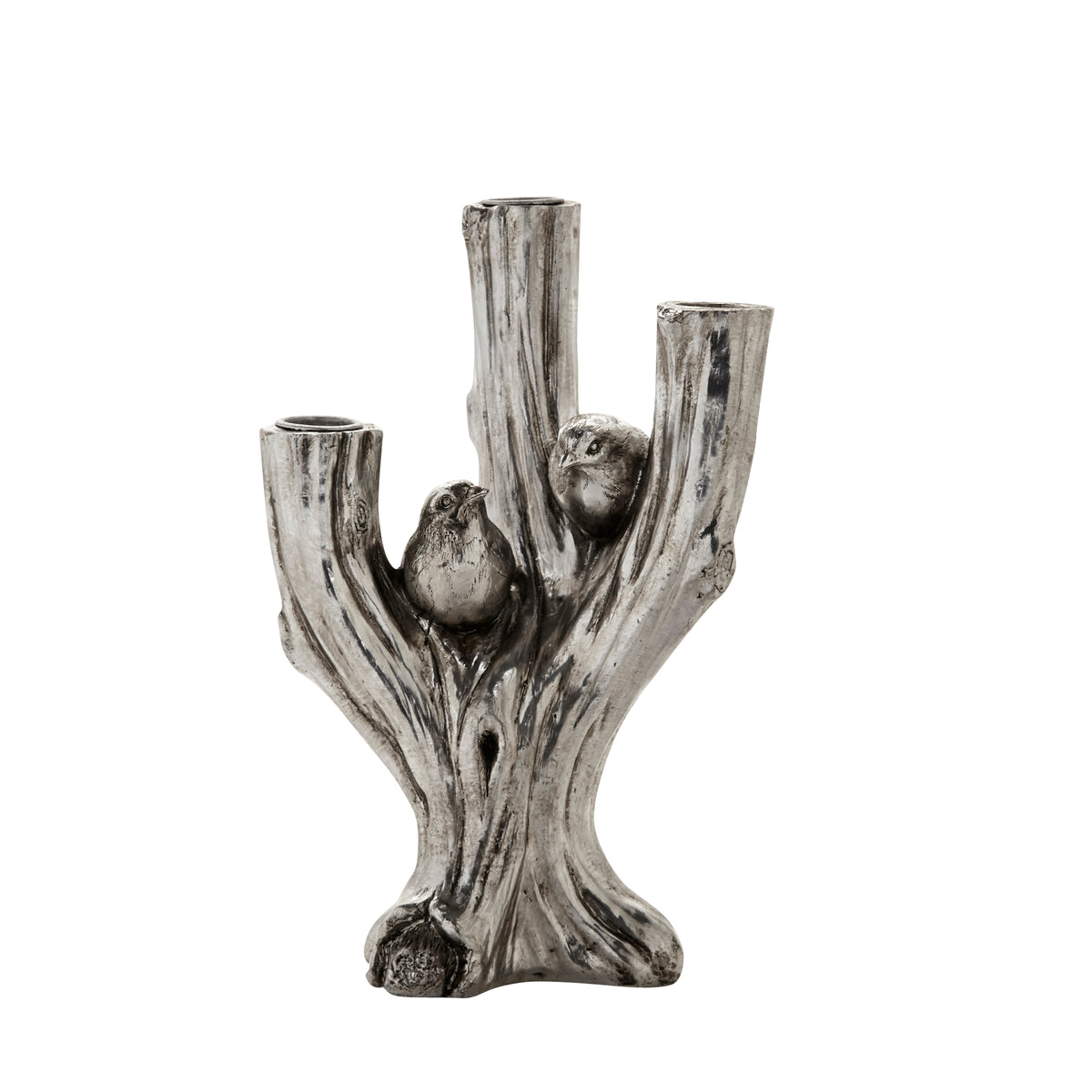 Silver Tree Trunk with Swallows Candle Holder