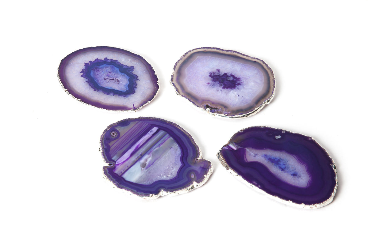 Set of 3 Agate Purple Coasters with Platinum
