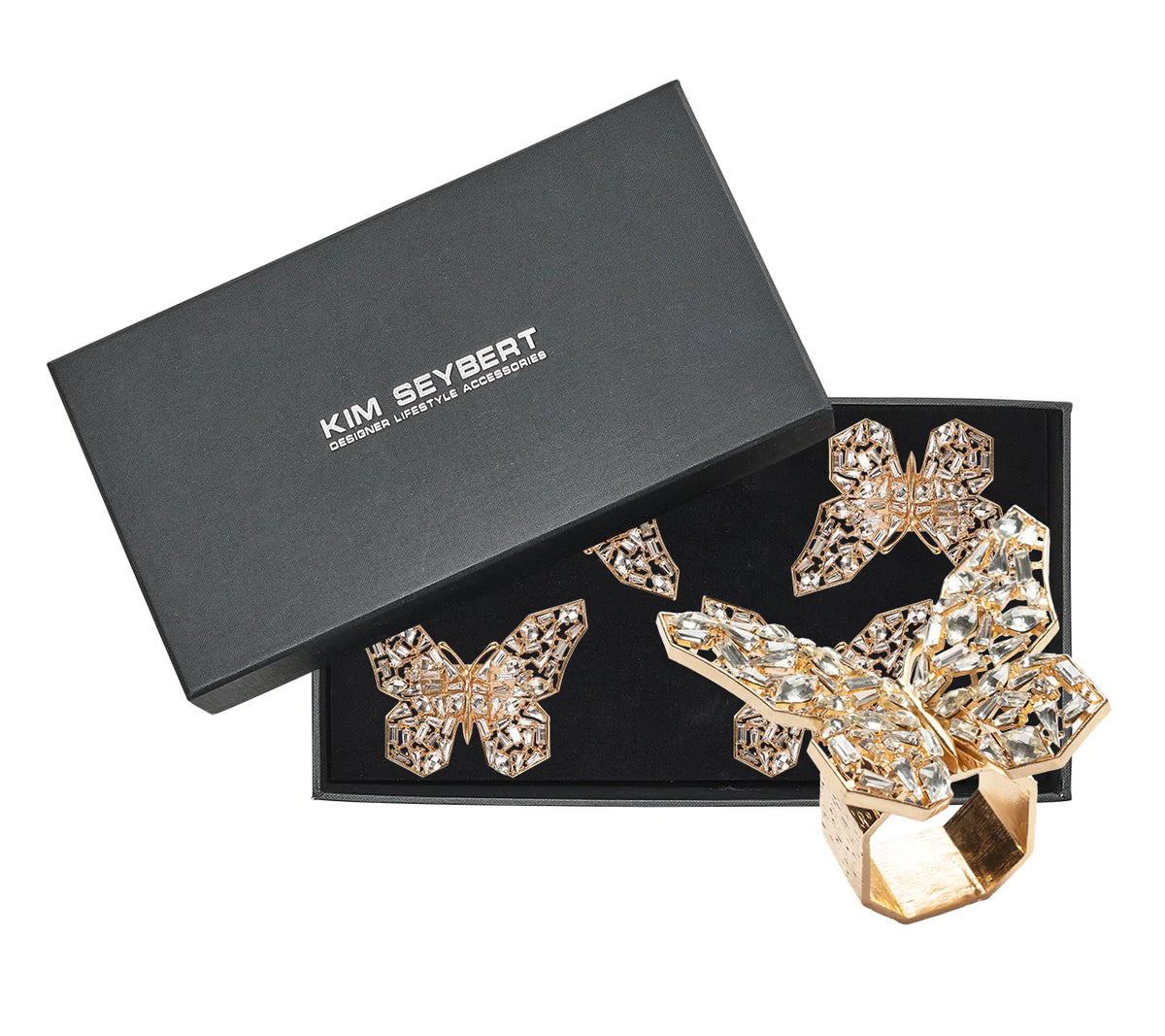 Papillon Napkin Ring in Gold &amp; Crystal, Set of 4 in a Gift Box