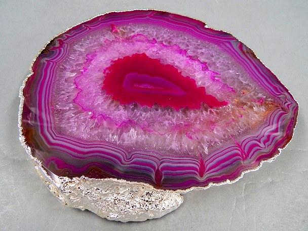 Thick Pink Agate Platter with Silver Trim