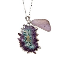 Amethyst and Quartz Pendant Necklace with Diamond Shaped White Gold